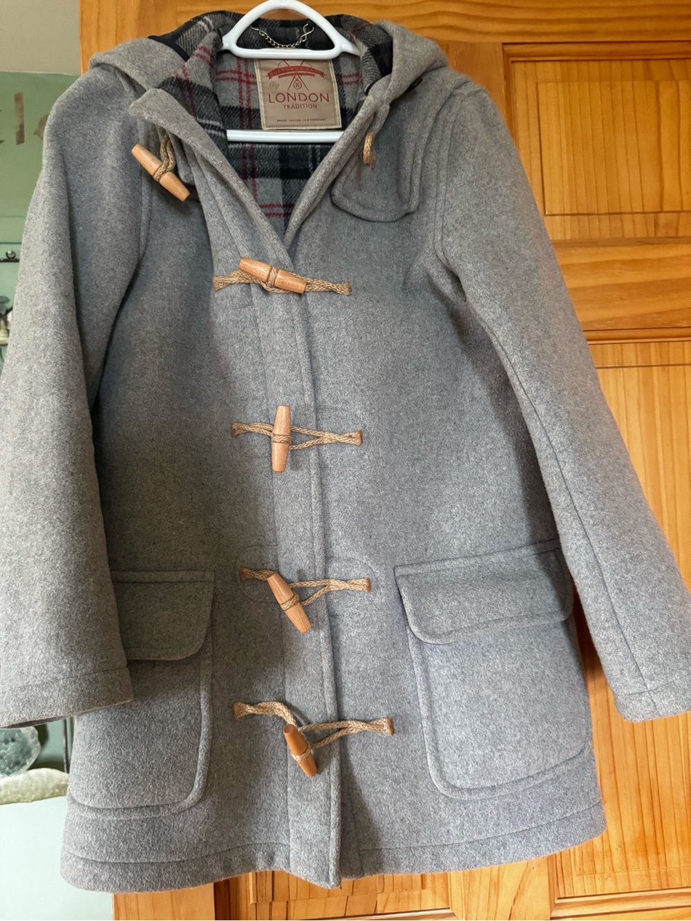 Gray Hooded Duffle Coat with Toggle Closures